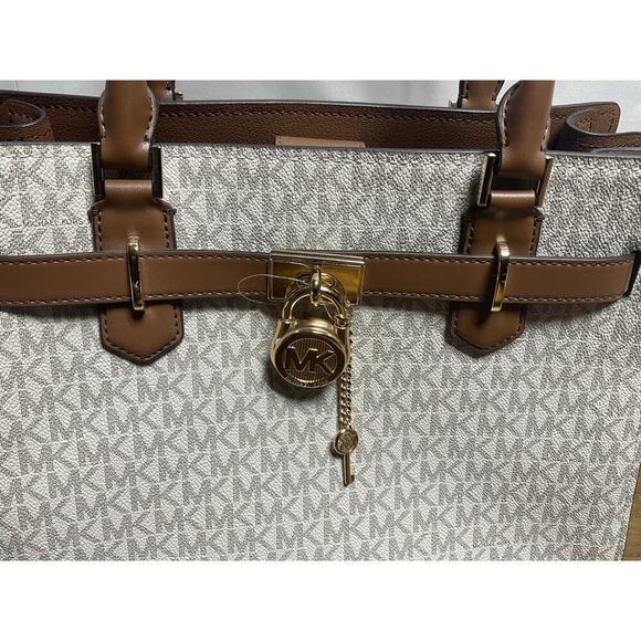 Michael Kors Hamilton Medium Satchel MK Logo Shoulder Strap Handbag (Vanilla) - Picture 2 of 13